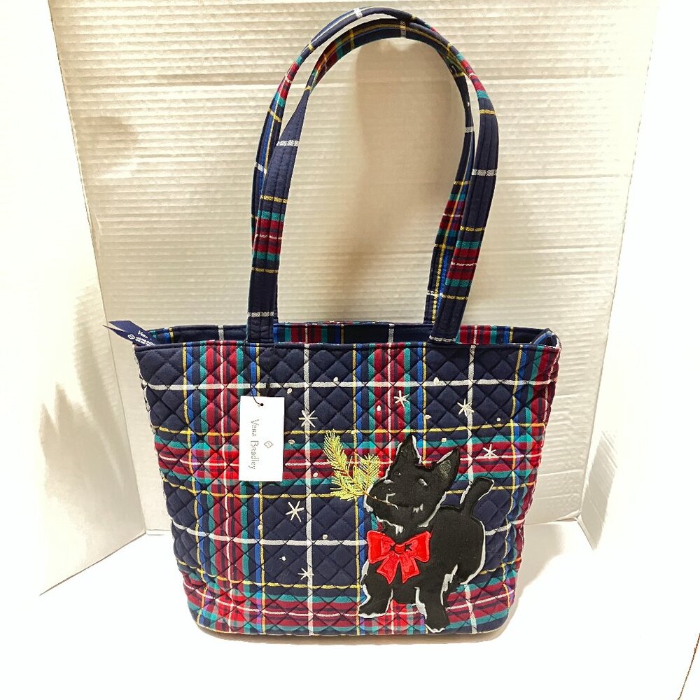 Vera Bradley Holiday Plaid Scottie Dog Small Vera Tote Bag